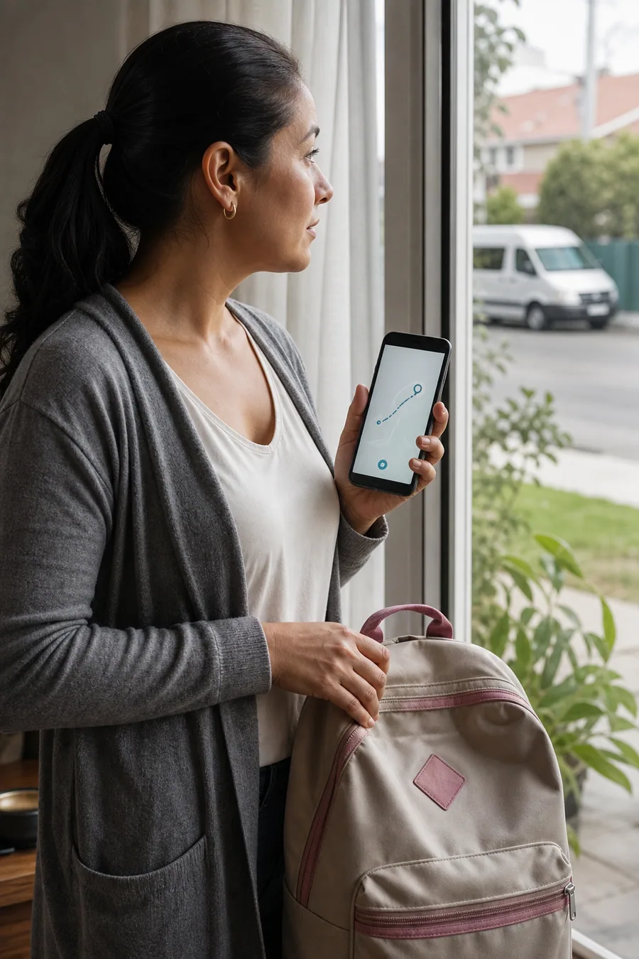 Madre consultando en su teléfono la llegada del transporte escolar